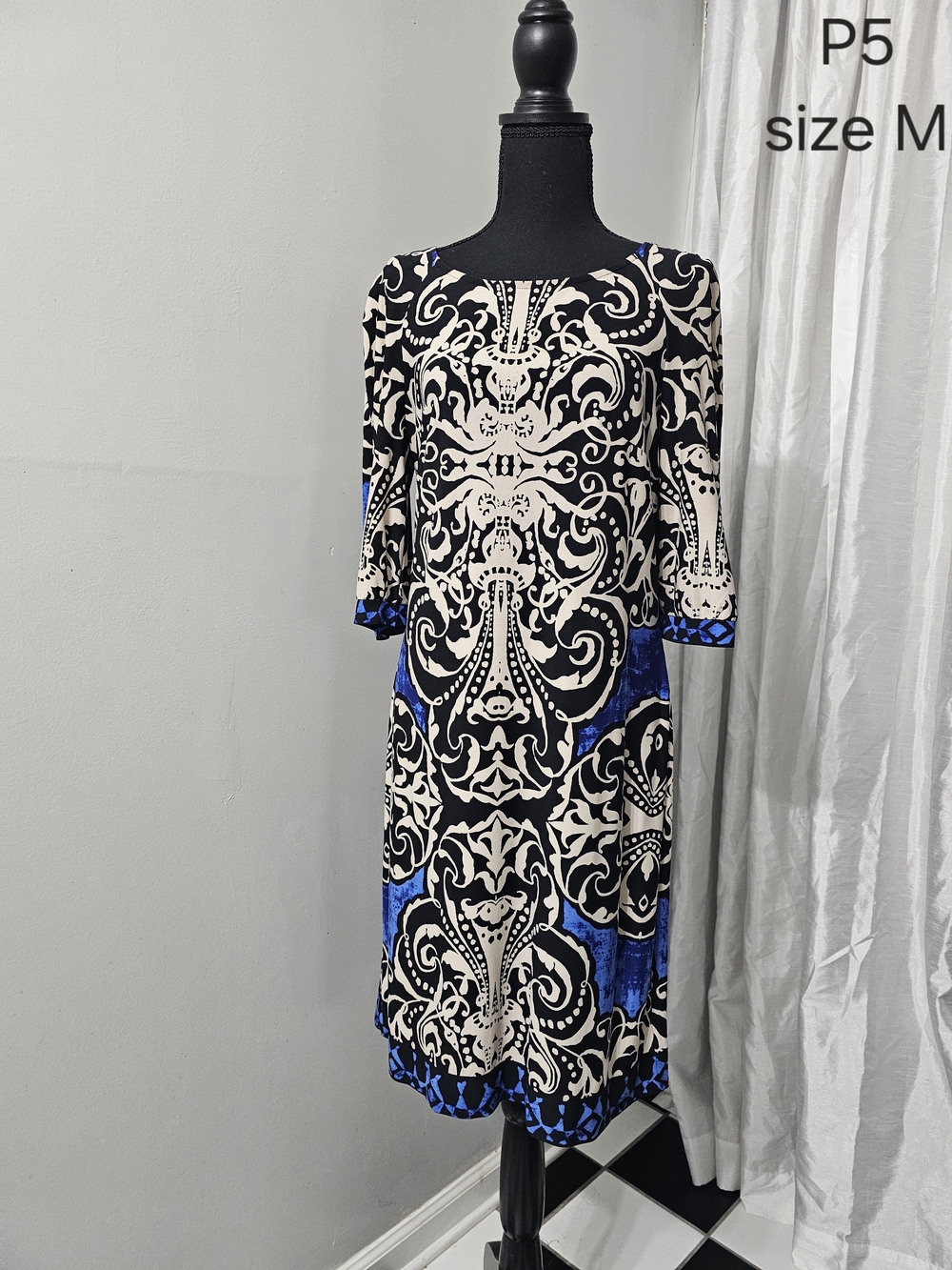 White House Black Market Black, Cream & Blue Paisley Midi Dress